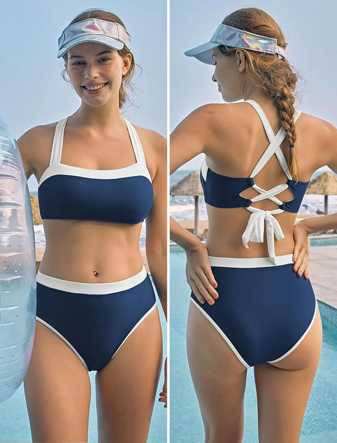 ZAFUL Bikini Sets for Women High Waisted Color Block Sporty High Cut Two Piece Swimsuit Bathing Suit