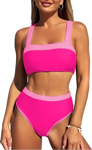 ZAFUL Bikini Sets for Women High Waisted Color Block Sporty High Cut Two Piece Swimsuit Bathing Suit