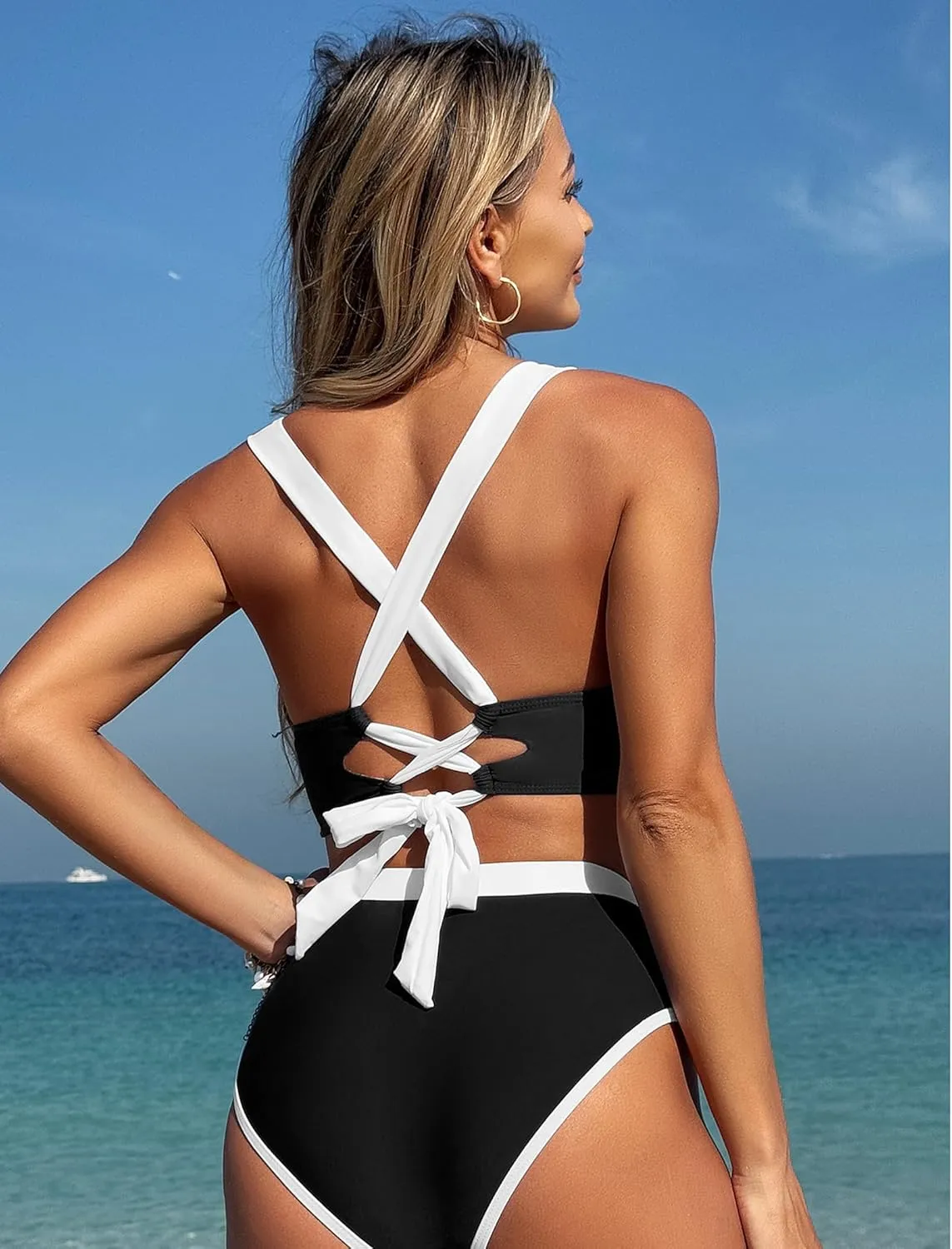 ZAFUL Bikini Sets for Women High Waisted Color Block Sporty High Cut Two Piece Swimsuit Bathing Suit