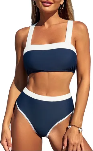 ZAFUL Bikini Sets for Women High Waisted Color Block Sporty High Cut Two Piece Swimsuit Bathing Suit