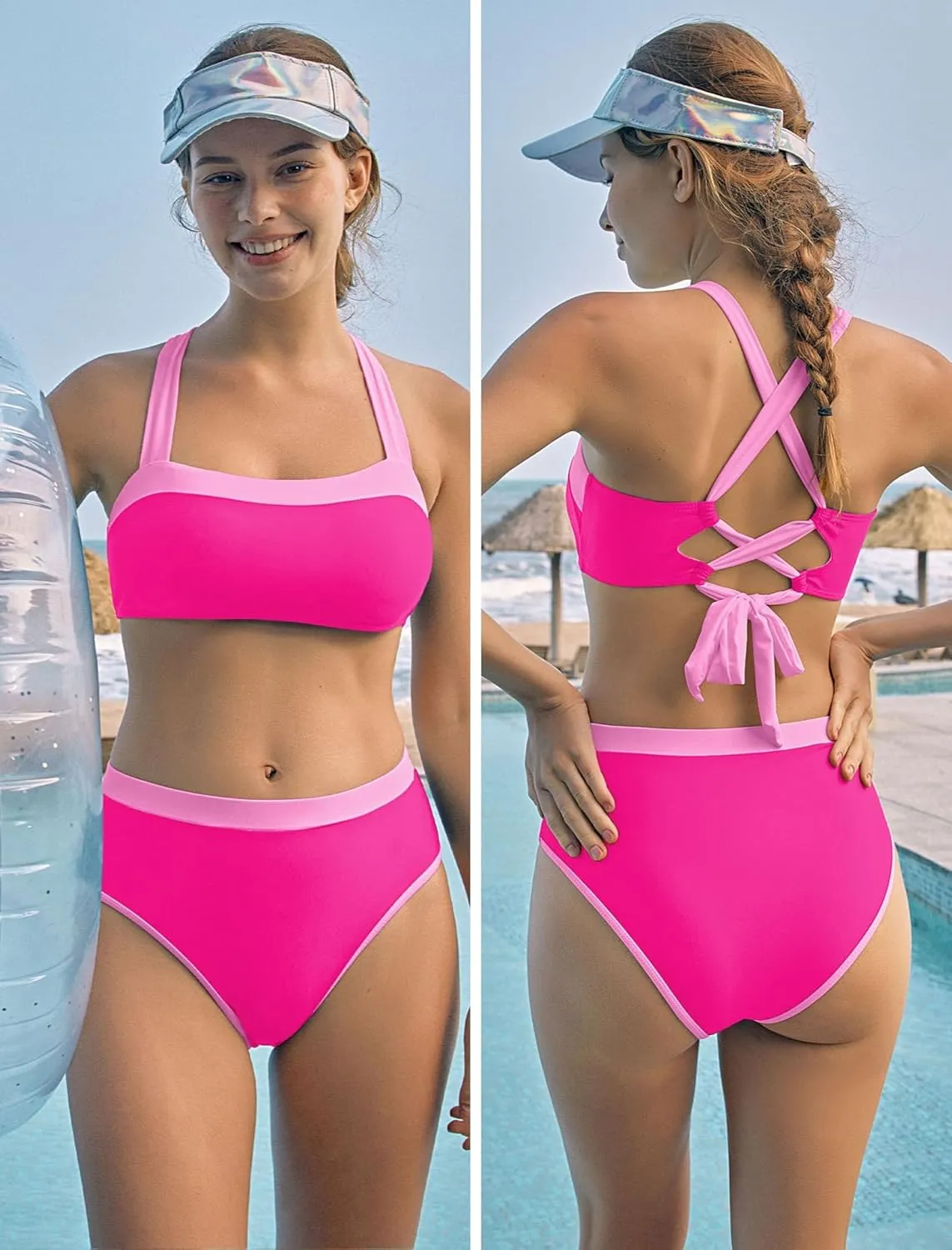 ZAFUL Bikini Sets for Women High Waisted Color Block Sporty High Cut Two Piece Swimsuit Bathing Suit