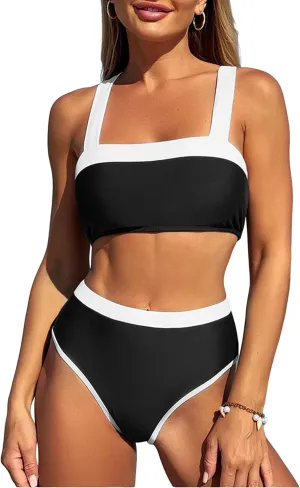 ZAFUL Bikini Sets for Women High Waisted Color Block Sporty High Cut Two Piece Swimsuit Bathing Suit