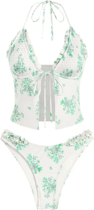 ZAFUL Tankini Swimsuits for Women Smocked Ruffles Tie Front Bowknot Textured High Cut Tanga Tankini Set