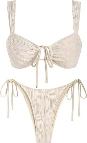 ZAFUL Women's Cinched Bikini Solid Color Wave Textured Knotted Tied Side Two Piece Swimsuit Bathing Suits