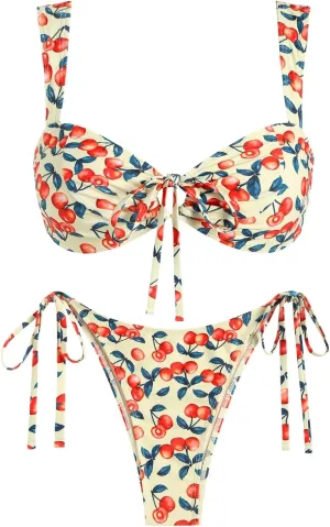 ZAFUL Women's Cinched Bikini Solid Color Wave Textured Knotted Tied Side Two Piece Swimsuit Bathing Suits