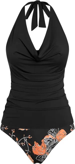ZAFUL Women's Halter Two Piece Tankini Swimsuit Cowl Neck Swim Tank Top High Waisted Tummy Control Bathing Suits
