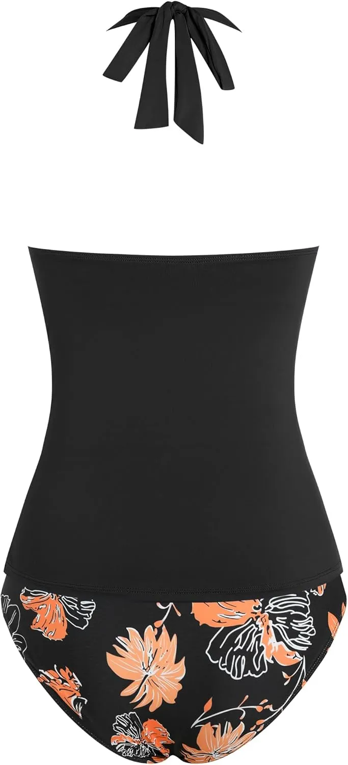 ZAFUL Women's Halter Two Piece Tankini Swimsuit Cowl Neck Swim Tank Top High Waisted Tummy Control Bathing Suits