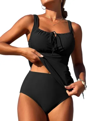 ZAFUL Women's Tankini Swimsuits Tummy Control High Waisted Bikini Sets Lace Up Front Bathing Suits with Bikini Bottoms
