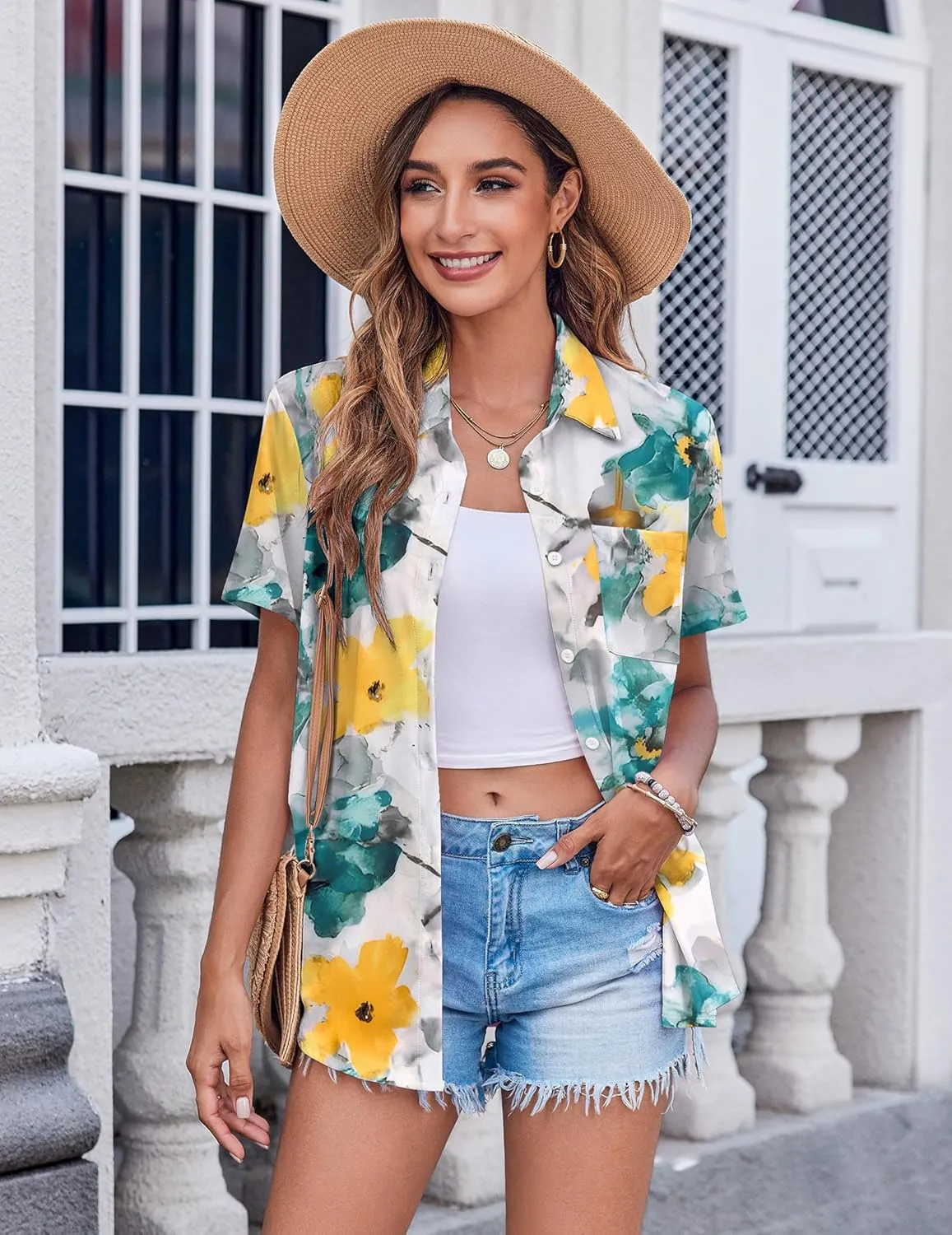 Zeagoo Womens Button Down Shirt Bust Pocket Short Sleeve Blouses Business Casual Work Tops Summer Outfits