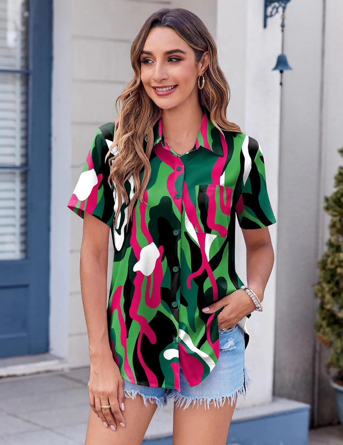 Zeagoo Womens Button Down Shirt Bust Pocket Short Sleeve Blouses Business Casual Work Tops Summer Outfits