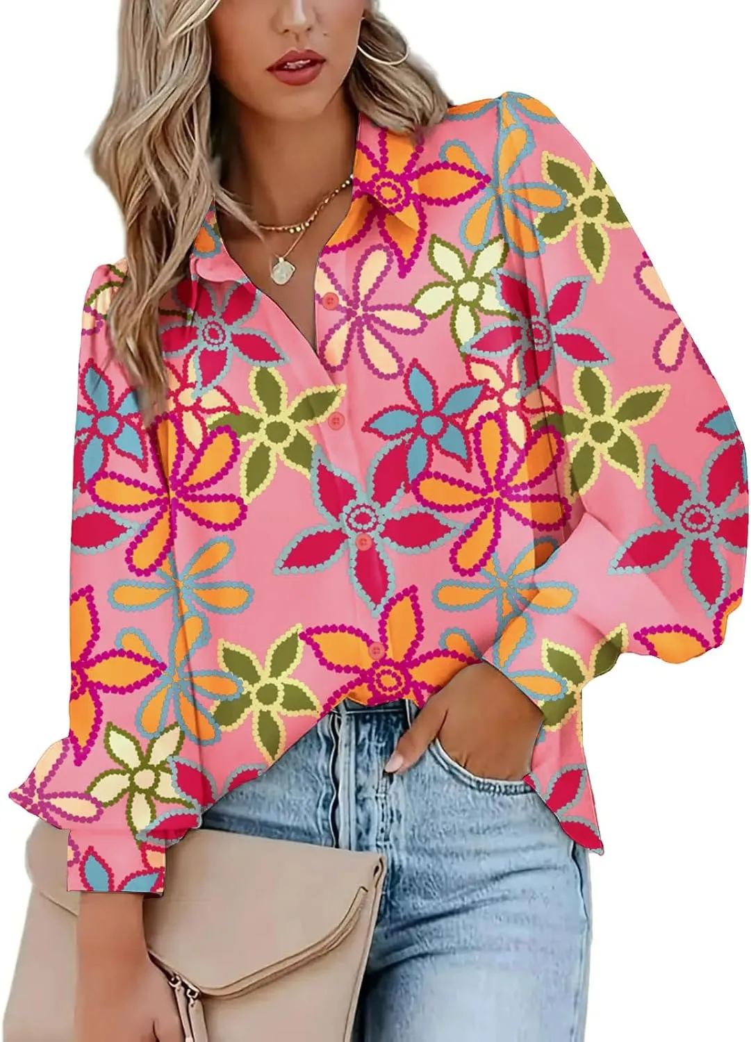 Zeagoo Womens Shirts Button Down Printed Lantern Long Sleeve Blouse Fashion Casual Tops 2025