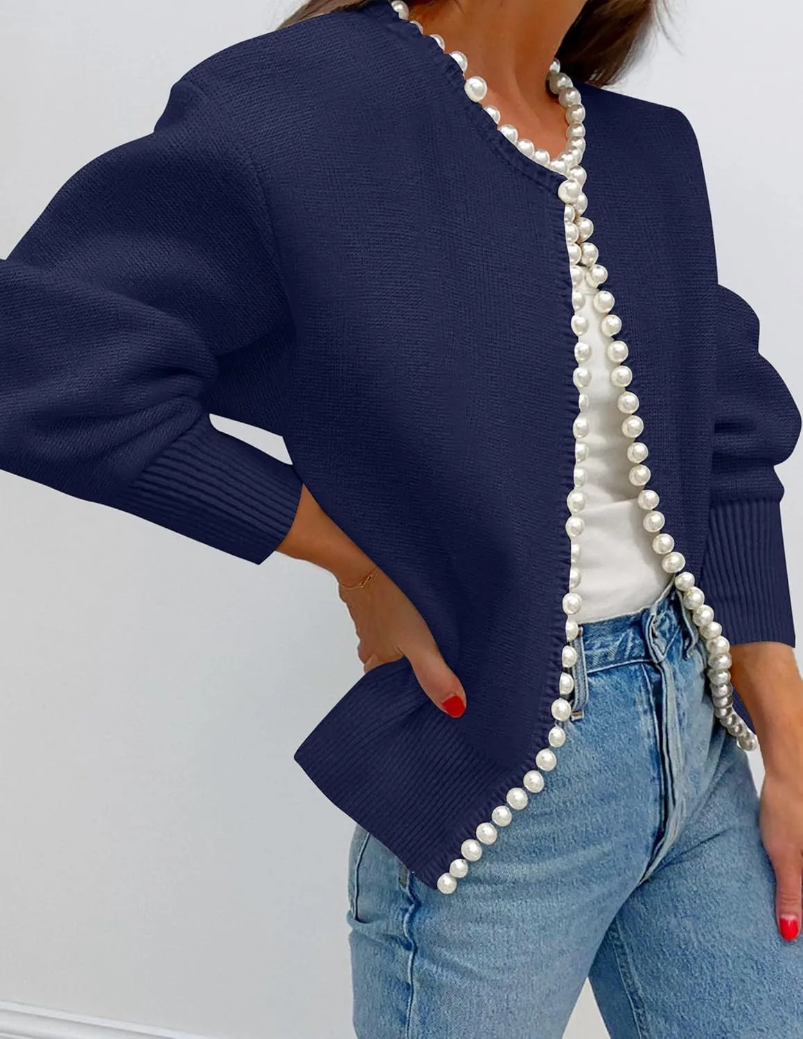 ZESICA Women's Open Front Cardigan Sweater Casual Knitted Long Sleeve Pearls Trim Outerwear Coat Trendy Clothes