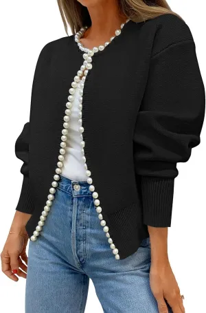 ZESICA Women's Open Front Cardigan Sweater Casual Knitted Long Sleeve Pearls Trim Outerwear Coat Trendy Clothes