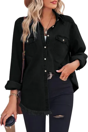 Zilcremo Women Denim Shirt Chambray Collared Jean Shirts Long Sleeve Pocket Button Down Blouses