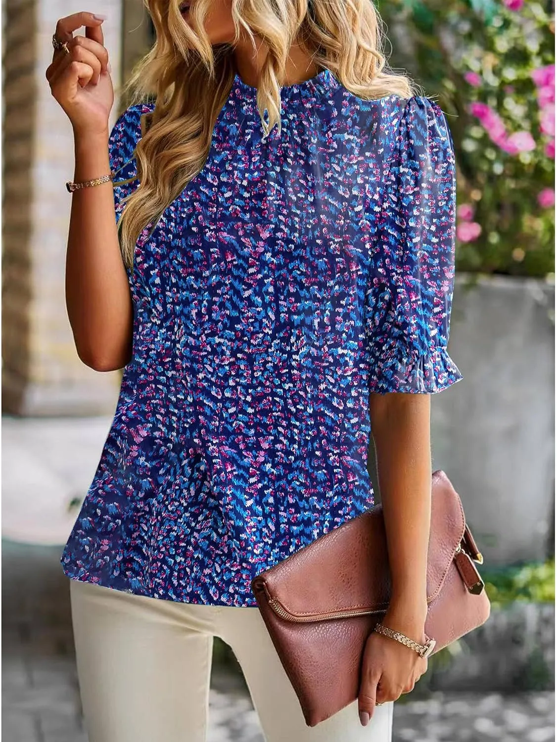 ZILIN Women's Summer Boho Floral Shirt Top Ruffle Mock Neck Puff Short Sleeve 2024 Casual Blouses