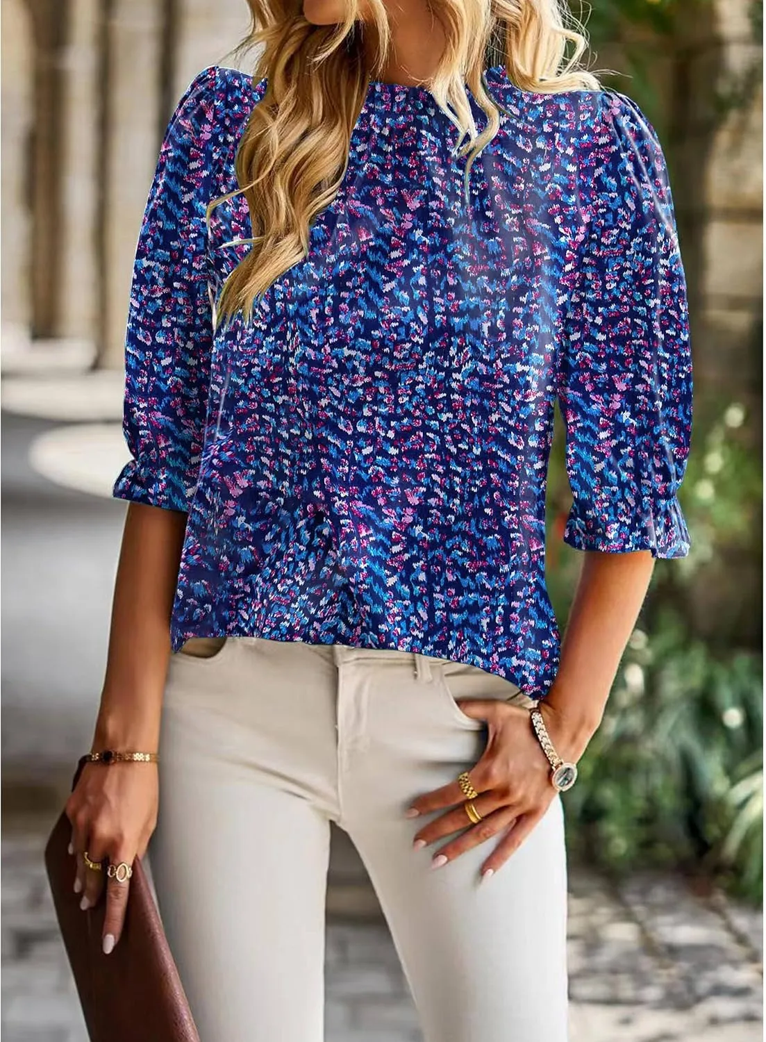 ZILIN Women's Summer Boho Floral Shirt Top Ruffle Mock Neck Puff Short Sleeve 2024 Casual Blouses