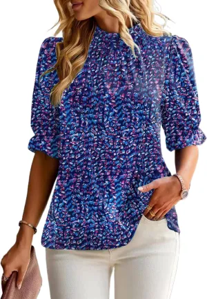 ZILIN Women's Summer Boho Floral Shirt Top Ruffle Mock Neck Puff Short Sleeve 2024 Casual Blouses