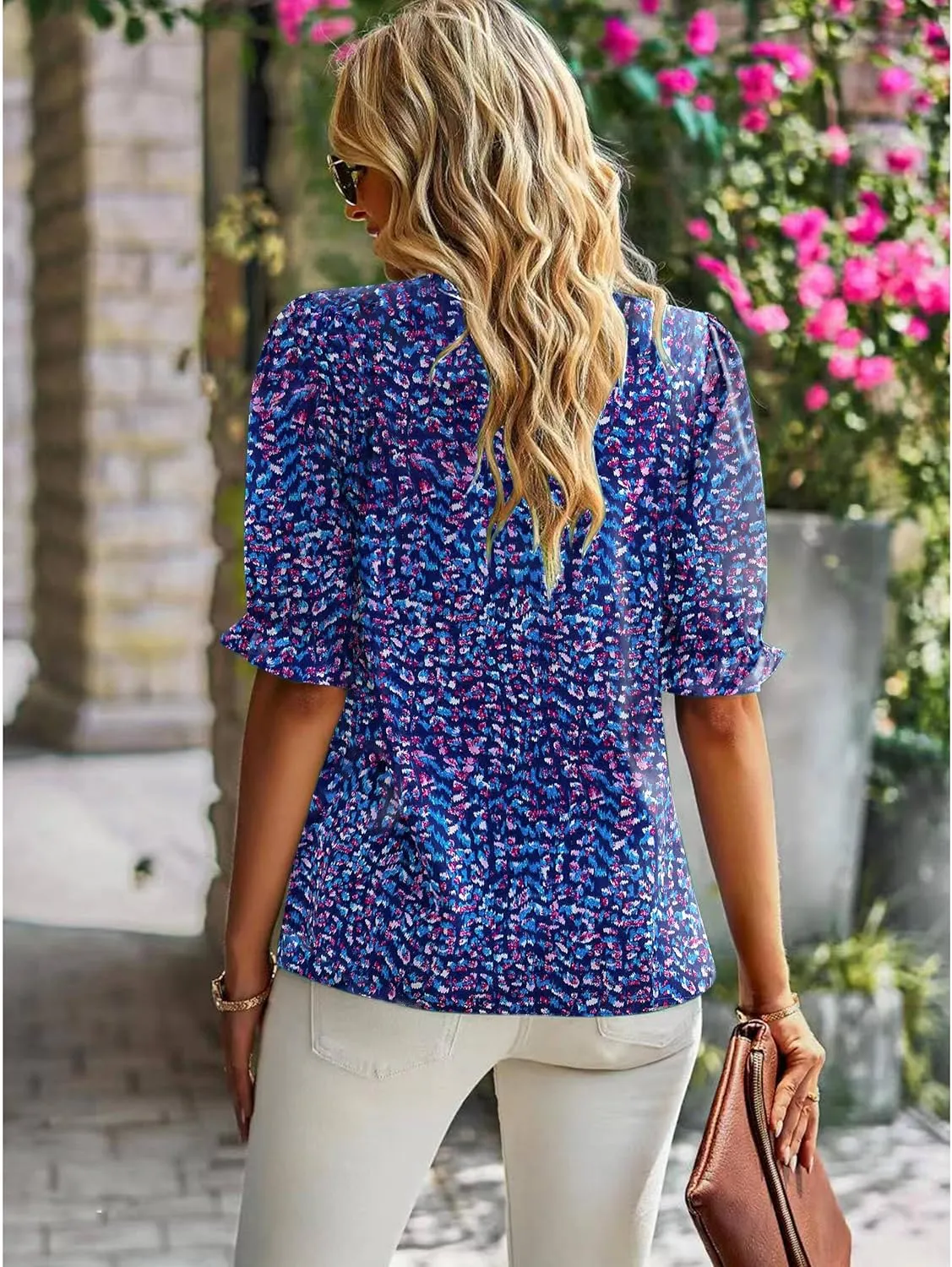 ZILIN Women's Summer Boho Floral Shirt Top Ruffle Mock Neck Puff Short Sleeve 2024 Casual Blouses