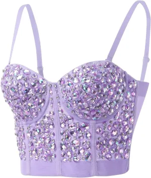 ZYXTIM Women's Rhinestone Diamond Push up Bustier Sexy Sequins Crop Top Fashion Punk Corset Bra Adjustable Strap